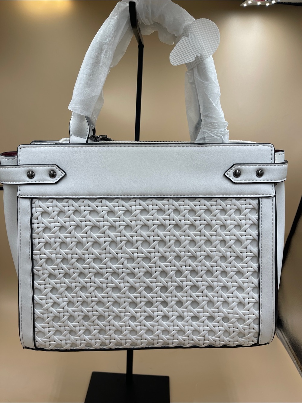 White Woven Panel Tote Bag - Women's Vegan Leather Handbag